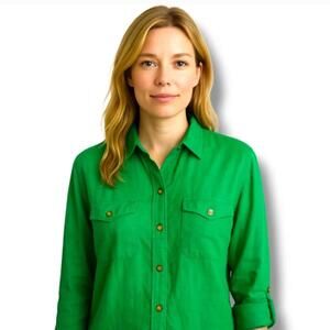 Lauren Ralph Lauren Women Green 100% Linen Button Up Shirt Lightweight XL